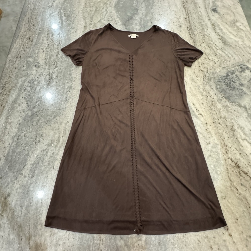 Ariat Women's Sz Large Brown Faux Suede Shift Dress Braided Woven Accent Short